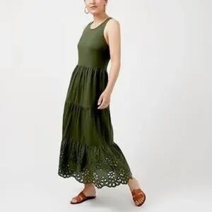 J. Crew Olive Green Maxi Tiered Dress Eyelet Trim